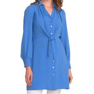 Joseph Ribkoff Tie Front Blouse Tunic Blue Mother Of Pearl Button Size 6